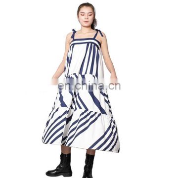 TWOTWINSTYLE Elegant Striped Asymmetrical Dress Strapless Off Shoulder Backless Bow Zipper Korean