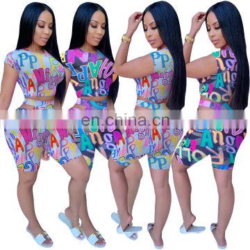 Women Crop Tops High Waist Letter Print Gradient Shorts Two Piece Sexy Fashion Tracksuit Beach Party Wear Summer 2 Piece Sets