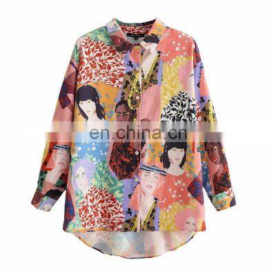 Clothing Wholesale Custom Fashion Trend Women's Casual Loose Color Oil Painting Beauty Printing Long-sleeved Shirt photo-4