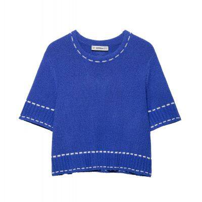 Summer new versatile women's clothing with contrasting color stitching and round neck short sleeved knitted top