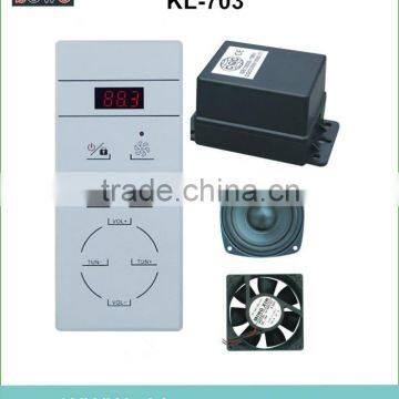simple design shower room controller including control panel, transformer, fan, speaker.