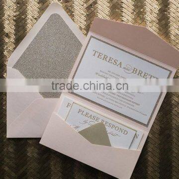 blush and gold glitter with letterpress pocket folder wedding invitations cards                        
                                                Quality Choice