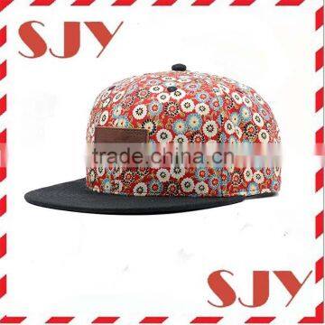 Custom Leather Patch Flat Brim Sanpabck Floral Print Baseball Cap photo-3