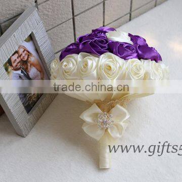 Elegant Purple Satin Ribbon Pearls Bridal Bouquet Bridesmaids Bouquet Wedding Flowers photo-2