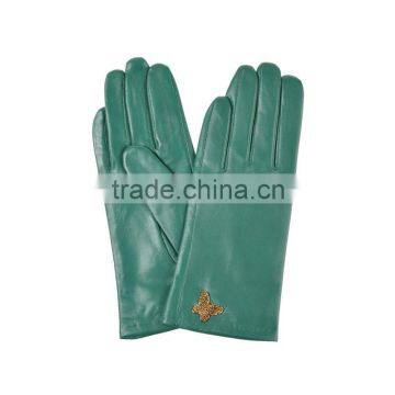 Beautiful Green Sheepskin Metal Decorative Butterfly Leather Gloves for Ladies