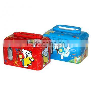 Handle Tin Cartoon Kids Coin Bank with Lock