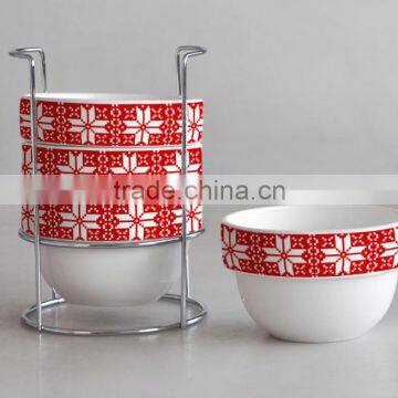 4pcs stackable ceramic bowl with iron rack & decal printing,cups