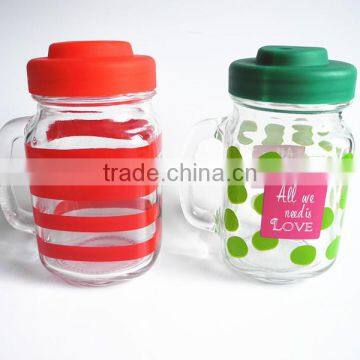 16oz handle decorative glass mason juice jar with plastic pig screw lid