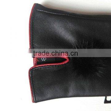 Women's Genuine Sheepskin Leather Winter Warm Simple Fashion Style Lined Gloves With Mink Fur Ball photo-5