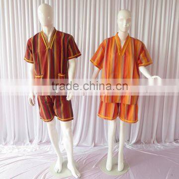 Orange/Red Stripe Sweat Steaming Clothes Elastic Waist Clothes Couples Pajamas Short Sleeve Top+Pants Pajamas for Sauna