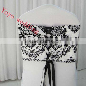 white and black flocking damask corset chair sash