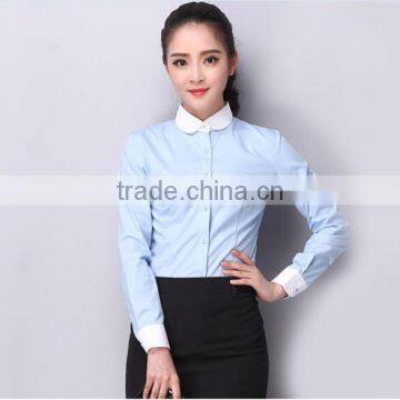 2015 Fashionable collar plain light white and blue lady blouse for women