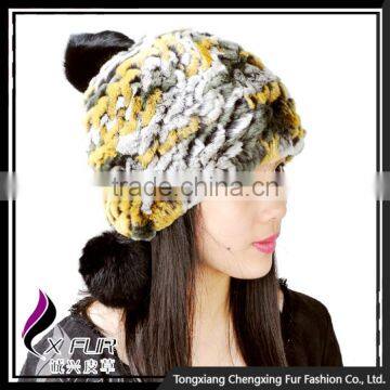 CX-C-111B Wholesale Custom Knitted Winter Rex Rabbit Fur Pom Pom Hat photo-2