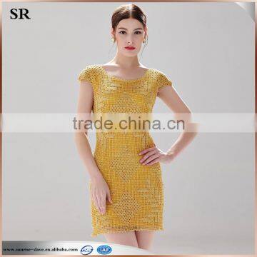Grid Pattern Design Shinny Gold Metallic Effect Ladies Formal Slim Lace Fashion Dress SR-D9791 photo-2