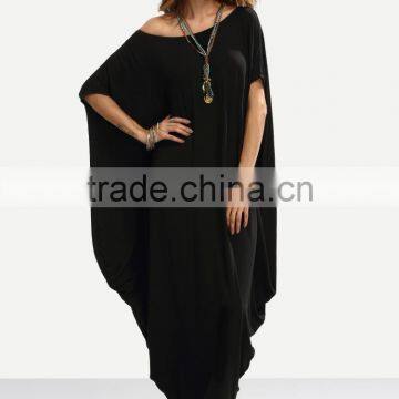 Black One Shoulder Dolman Sleeve Maxi Dress 100% Cotton Casual Batwing Sleeve Shift T Shirt Dress photo-2