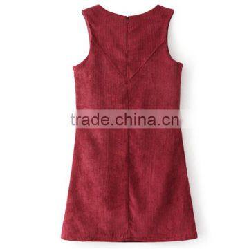A-Line Dark Red Lace up Round Collar Sleeveless Mini Corduroy Dress photo-2