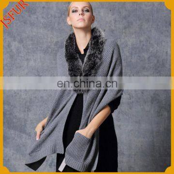 New design women wool shawl with fox fur trim wool knitted cape shawl