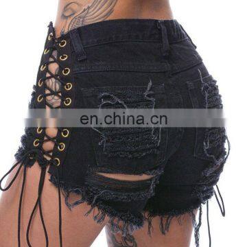 Black Sexy Short Jeans 100%cotton Tie Hollow Out Washed Hollow Out Mini Pant Wholesale photo-3