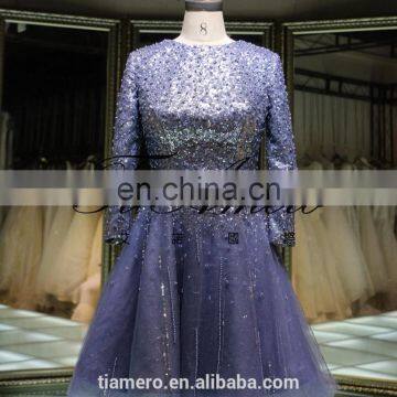 1A918 Sexy Misty Blue Sequin Sash Long Sleeve Back Open Evening Dress Prom Dress