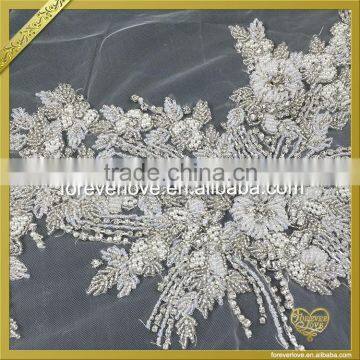 Lace Base Sew On Rhinestone Pearl Beaded Appliques Bridal Wedding Dress Appliques FHA-058 photo-3