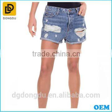 Custom Elatic Band Women Distressed High Waist Jeans in Dongguan