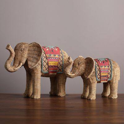 Nordic Style Rattan Plaited Article Pattern Resin Elephant Table Decoration Brown Craft Ornaments For Home Furnishing Decor