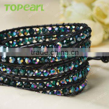 Topearl Jewelry 3pcs Iridescent Colors Crystal 5 Wrap Fashion Bracelet on Black Leather CLL53 photo-3