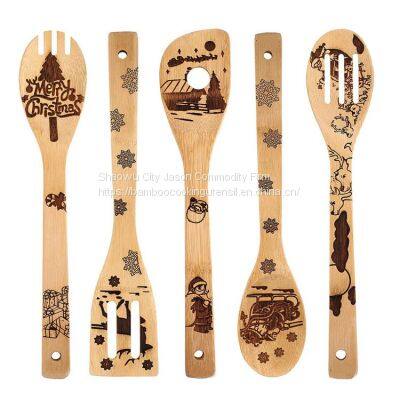 Christmas Gift Kitchen Cooking Bamboo Utensil Set Engraved/bambu Spatula Set Burn photo-2