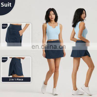 2 In 1 Piece Tennis Skirts With Shorts Custom Fitness Upf 50+ Sports Pockets Dress photo-4