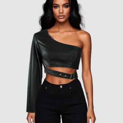 Veste en cuir PU à épaule unique sans col noir de nouveau style européen et américain