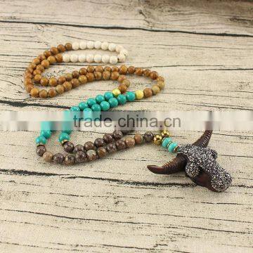 NE2355 Fashion handmade long natural stone beaded necklace with bull pendant charm                        
                                                Quality Choice