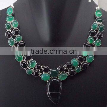 Green And Black Onyx Necklace plated 925 Sterling Silver 73 Gms 18-20 Inches