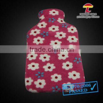 BS standard natural rubber hot water bottle with pink sunflower coral fleece cover