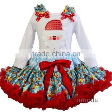 Xmas Blue Reindeer Pettiskirt Bling Santa Tutu White Tee Party Dress