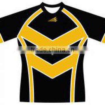 100% Polyester Moisture Wicking Sublimated Black Rugby Shirt/Jersey with Yellow design