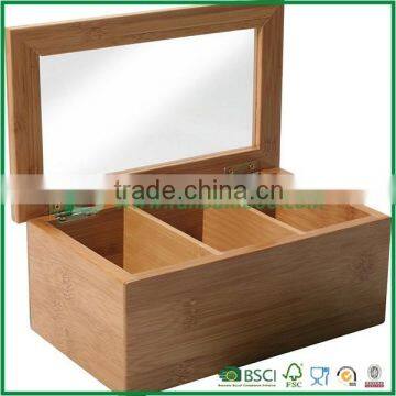 Divided Bamboo Tea Box with Clear Lid, 3 sections