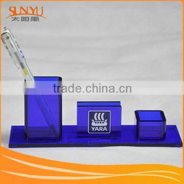 Durable Blue Acrylic Desk Pen Holder With Name Card