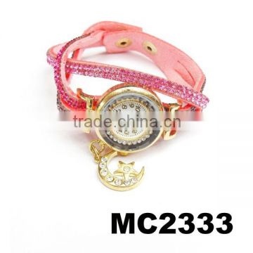 ladies rhinestone korean suede leather bracelet wrist bracelet watch with moon star charm