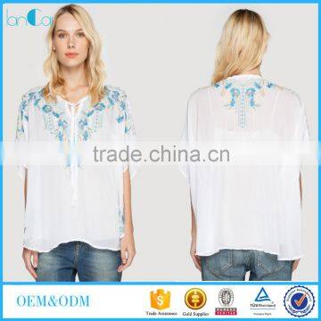 OEM service supply women blouse white embroidered tshirt blouse design