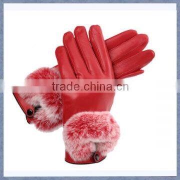 Women Red Sheepskin Leather Glove With Rabbit Fur/ Lady Sheepskin Leather Glove With Wool