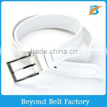 Men's White Leather Adjustable Waist Belt with Tow Row Stitchings