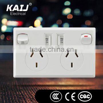 Australian wall mount double switch socket with 2 usb charge for phone pad