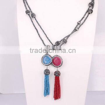 Strands Pave Crystal Beads Gem Stone Necklace, Crystal Glass Tassel Jewelry with Black Hematite Beaded Necklace