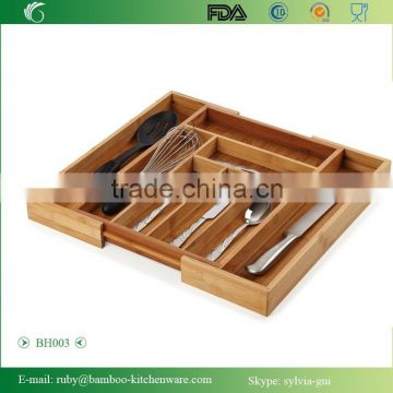 BH003/Bamboo Wooden Kitchen Drawer Utensil Adjustable Organizer Serving Tray