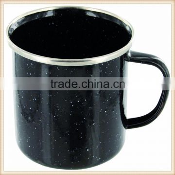 Promotional black speckles camping enamel cup/steel rim enamel mug with white spots