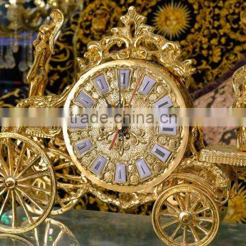 Antique 24K Gold Plated Deer Pulling Cart Table Clock, Marble Base Design Copper Table Clock photo-3