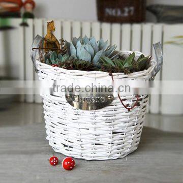 Handcrafts round white wicker baskets for plants white handles