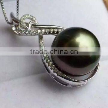 18k diamond 11-12mm black tahitian pearls wholesale pendant necklace