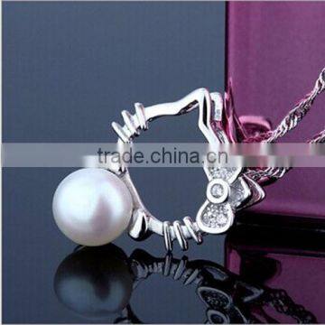 925 Sterling Silver Chain Cat Style Charm Natural Pearl Pendent Necklace photo-5