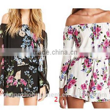 Women Sexy Illusion Ruffle Romper Long Sleeve Short Floral Off The Shoulder playsuit